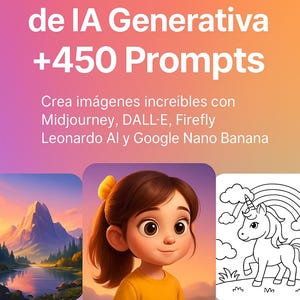 May include: A book cover in Spanish with the title "Guía Práctica de IA Generativa +450 Prompts." The cover also includes the text "Crea imágenes increíbles con Midjourney, DALL-E, Firefly, Leonardo Al y Google Nano Banana." The cover features illustrations of a girl, a mountain landscape, and a unicorn.