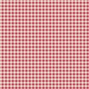 Op de afbeelding: Een textielstof met een herhalend gingham-patroon bestaande uit kleine, uniforme vierkantjes in afwisselende tinten dieprood en gebroken wit. Het weefsel vertoont een consistente rasterstructuur over het gehele oppervlak van het materiaal.