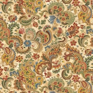Könnte beinhalten: Detailliertes Muster mit einem sich wiederholenden Design aus Paisley- und floralen Elementen in Beige, Braun, Rot, Gelb, Grün und Blau. Das Design hat eine Vintage-Ästhetik mit einem leicht verwitterten Aussehen.