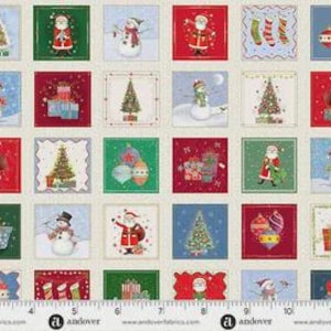 Puede incluir: Un panel de tela con un patrón repetido de cuadrados con temática navideña. Cada cuadrado muestra imágenes festivas como Papá Noel, muñecos de nieve, árboles de Navidad y regalos envueltos. Los cuadrados miden aproximadamente 7,6 cm por 7,6 cm.