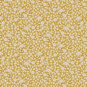 Peut inclure: Tissu jaune moutarde avec un motif répété de petites fleurs et feuilles blanches. Le motif floral recouvre toute la surface, créant un aspect dense et texturé. Le tissu est probablement en coton ou dans une matière similaire, adapté au patchwork ou à l'habillement.