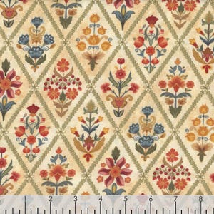 Peut inclure: Un tissu avec un motif floral répété en rouge, orange, bleu et jaune. Les fleurs sont disposées sur un fond crème et encadrées par un treillis en losanges vert.