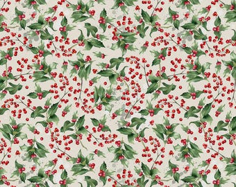 May include: A repeating pattern featuring holly branches with green leaves and vibrant red berries. The design is set against a pale beige backdrop with subtle watercolour splatters, creating a festive and natural aesthetic. Suitable for Christmas-themed items.