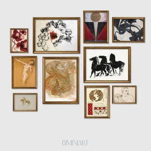 May include: A selection of framed art prints in diverse styles, including floral, abstract, and figurative pieces. The frames are gold-coloured, and the artwork features a range of colours, from red and black to beige and brown. The artwork is displayed on a white wall.
