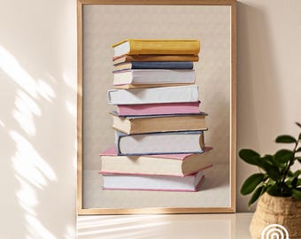 本好きのためのプリント、読書ポスター、おしゃれな読書ポスター、本の山を描いた絵、本の虫のプリントアート、本のプリント、読書好きへのギフト