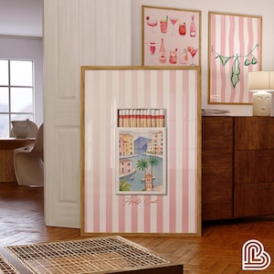 Różowy nadruk na pudełku zapałek, sztuka ścienna z pudełek zapałek w stylu vintage, plakat z Włoch, wydruk z podróży po wybrzeżu, sztuka wózka barowego, różowy akwarelowy nadruk na pudełku zapałek z wybrzeża Amalfi