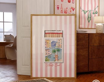 Pink Matchbox Print, Vintage Matchbook Wall Art, Italy Poster, Coast Travel Print Bar Cart Art, Pink Watercolor Amalfi Coast Matchbox Print