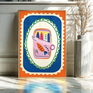 Kolorowy nadruk sardynek, sztuka ścienna do kuchni, nadruk ryb, wystrój kuchni w stylu retro, nadruk szczupaka czerwonego, rysowane ręcznie owoce morza w stylu vintage, menu dnia