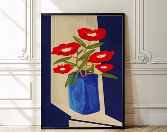 May include: A painting depicting a bouquet of red flowers in a blue vase. The flowers are arranged in a simple, modern style, and the vase is a classic shape. The background is a dark blue, creating a dramatic contrast with the bright colours of the flowers.