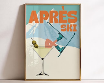 Retro Apres Ski Wall Art, Out of Office, Vintage Bar Cart Art, Winter Wall Art, Ski Cabin, Winter Print, Martini, Drinking, Snow, Skiers