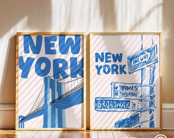 New York City Travel Set of 3 Prints, NYC Hand Drawn Print, Trendy Ink Bleed Style Poster, New York Skyline Print, Trendy Architecture Decor