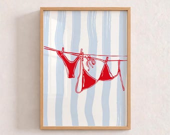 Red Bikini Print, Blue Watercolor Striped Print, Bikini Hanging Print, Beachy Wall Art, Coastal Cowgirl Decor, Bikini Endless Summer Poster