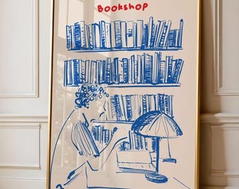 Vintage Bookshop Poster, Hand Drawn Print, Trendy Ink Bleed Style Poster, Blue Ink Bookstore Sketch, Book Lovers Reading Printable Wall Art