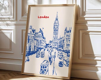 Blue London City Travel Print, London Skyline Print, London Wall Art, England Print, London Gift, Travel Poster, Big Ben Print Digital Print