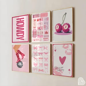 Juego de 6 piezas de arte mural con lazos rosas de moda, estampado de lazos de acuarela, estampado de lazos coquetos, arte mural &quot;Admit One&quot;, botas vaqueras rosas, arte mural femenino