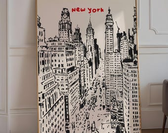 Minimal New York City Travel Print, New York Poster, NYC Hand Drawn Print, Trendy Ink Bleed Style Poster, New York Skyline Print