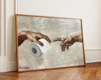 Vintage Bathroom Print, Funny Toilet Paper Print, Restroom Wall Art, The Creation of Adam Poster, Renaissance Wall Art Print, Prank Poster