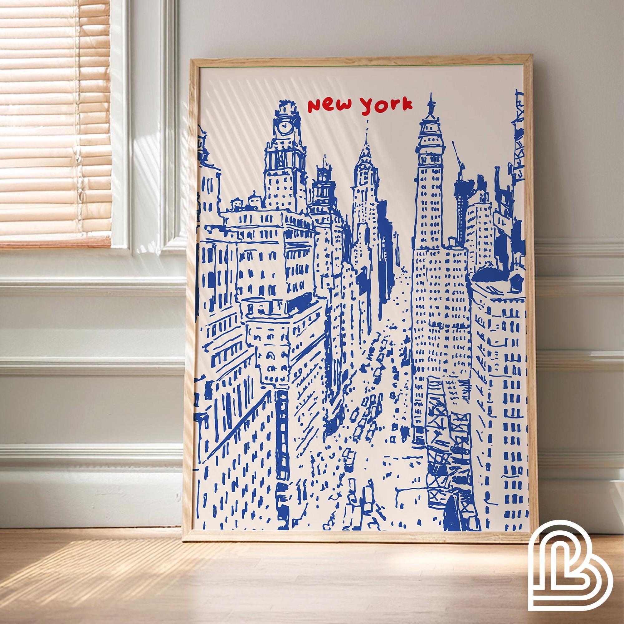 Blue New York City Travel Print, New York Poster, NYC Hand Drawn Print, Trendy Ink Bleed Style Poster, New York Skyline Print