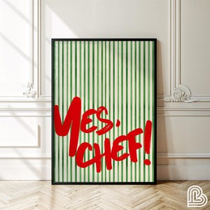 Yes Chefプリント、キッチンウォールアート、Bon Appetitフランス語の名言ポスター、ミニマルキッチンプリント、タイポグラフィプリント、赤と緑のストライププリント