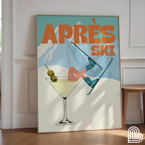 Sztuka ścienna retro Apres Ski, poza biurem, sztuka na barze vintage, sztuka ścienna zimowa, chata narciarska, zimowy nadruk, martini, picie, śnieg, narciarze