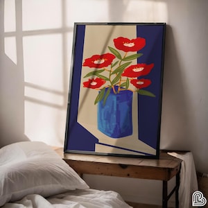 Poppy Art Print, Botanical Print Poster, Vintage Decor Minimalist, Colorful Dopamine Decor, Floral Graphic Illustration, Flowers in Vase Art