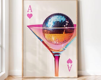Pink Ace Card Martini Digital Print, Extra Dirty Disco Martini Cocktail Poster, Minimalistic Bar Cart Decor, Trendy Printable Gallery Wall
