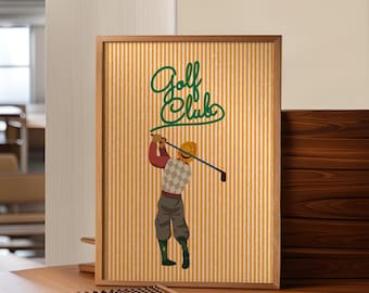 May include: Framed artwork featuring a golfer in a vintage style. The artwork has a striped background with the words "Golf Club" in green script. The golfer is wearing a checkered vest, brown pants, and green boots. The frame is made of wood.
