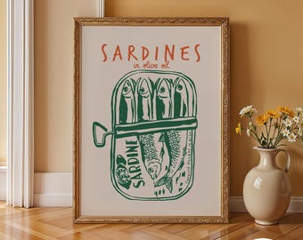 Green Sardine Tin Print, Kitchen Wall Art, Fish Print, Retro Kitchen Decor, Green Pike Print, Vintage Hand Drawn Sea Food,  Sea Food Poster