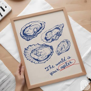 Oyster Print, The World Is Your Oyster Wall Art, Trendy Kitchen Decor, Modern Kitchen Art, Seafood Art Print, Colorful Summer Dining Room