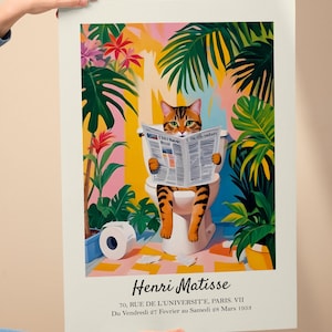 Matisse Tabby Katze Druck, lustiges Badezimmer Wandbild, Katzenliebhaber Poster, Toiletten Dopamin Dekor, Funky Badezimmer Dekor inspiriert von Henri Matisse