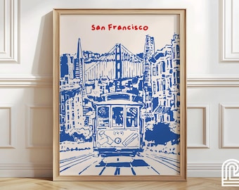 San Francisco City Travel Print, California Street Poster, California Wall Art Skyline Print, Hand Drawn Poster, Trendy Ink Bleed Style