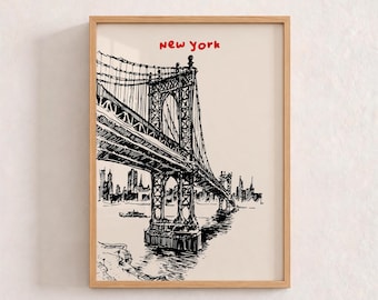 New York Wall Art, Retro NYC Travel Print, NYC Skyline Art