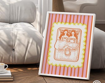 Lámina de sirenas y sardinas, arte para la pared de la cocina, lámina a rayas rosas y naranjas, decoración retro para la cocina, arte culinario, mariscos dibujados a mano, póster de pescado enlatado
