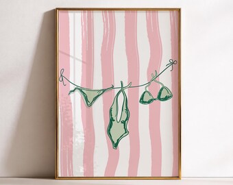 Pink Bikini Print, Pink Watercolor Striped Print, Bikini Hanging Print, Beachy Wall Art, Coastal Cowgirl Decor, Bikini Endless Summer Poster