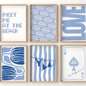 Blue Coastal Set of 6 Prints, Summer Posters Set, Beach House Decor, Trendy Coastal Wall Art, Bikini Print, Meet Me At The Beach