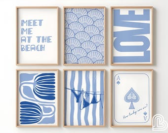 Blue Coastal Set of 6 Prints, Summer Posters Set, Beach House Decor, Trendy Coastal Wall Art, Bikini Print, Meet Me At The Beach
