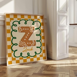 Custom Initial Name Print, Personalized Checkered Poster, Baby Boy Room Decor, Gifts for Boy, Nursery Wall Art, Gingerbread Alphabet Print