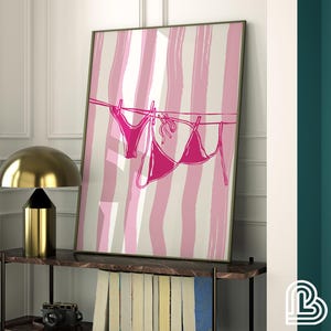 Pink Bikini Print, Pink Watercolor Striped Print, Bikini Hanging Print, Beachy Wall Art, Coastal Cowgirl Decor, Bikini Endless Summer Poster