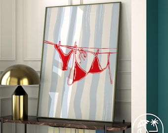 Stampa bikini rosso, stampa a righe blu acquerello, stampa bikini da appendere, arte murale spiaggia, decorazione da cowgirl costiera, poster bikini Endless Summer