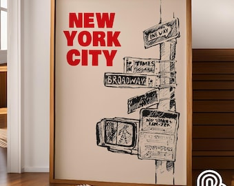 New York City Travel Print, New York Poster, NYC Hand Drawn Print, Trendy Ink Bleed Style Poster, New York Skyline Print,Printable Wall Art