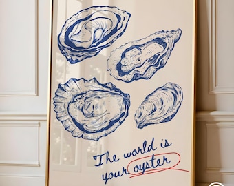 Oyster Print, The World Is Your Oyster Wall Art, Trendy Kitchen Decor, Modern Kitchen Art, Seafood Art Print, Colorful Summer Dining Room