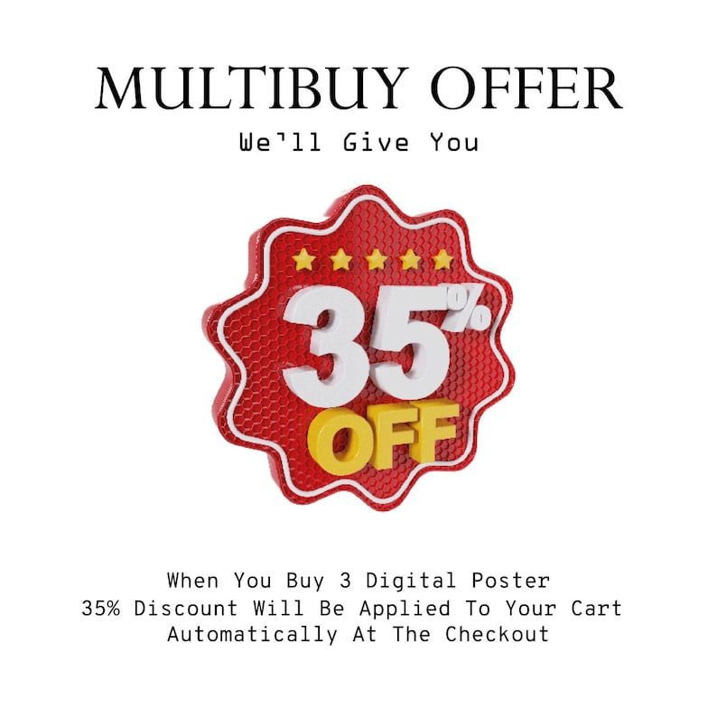 May include: A red and white badge with the text "35% OFF" in white and yellow. The badge is surrounded by a red border and has five gold stars at the top. The text "MULTIBUY OFFER" is at the top.