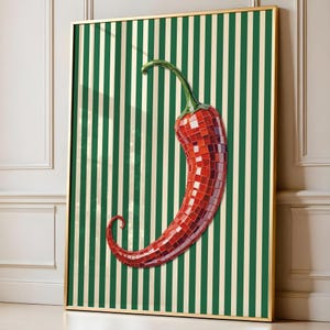 Chili Print, Kitchen Spice Wall Art, Green Striped Print, Modern Kitchen Wall Art, Trendy Retro Food Illustration, Chili Pepper Disco Ball