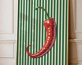 Chili Print, Kitchen Spice Wall Art, Green Striped Print, Modern Kitchen Wall Art, Trendy Retro Food Illustration, Chili Pepper Disco Ball