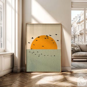 Rising Sun Art Print, Vogelschwarm Poster, Fliegende Vögel über Sonnenaufgang, Japandi Wandkunst, Fliegende Vögel über Sonnenaufgang, Wabi Sabi Wandkunst