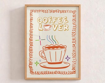 Arte de parede imprimível para amantes de café, estampa fofa de xícara de café, decoração de parede para cozinha, pôster aconchegante de cafeteria, decoração para bar de café, download digital
