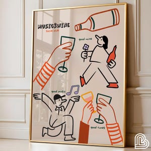 Retro Social Club Poster, Kitchen Wall Print, Wine Print Wall Art, Hand Drawn Kitchen Prints, Good Wine Music Time Illustration Wall Art