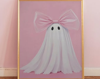 Halloween Wall Art, Pink Bow Ghost Print, Digital Download