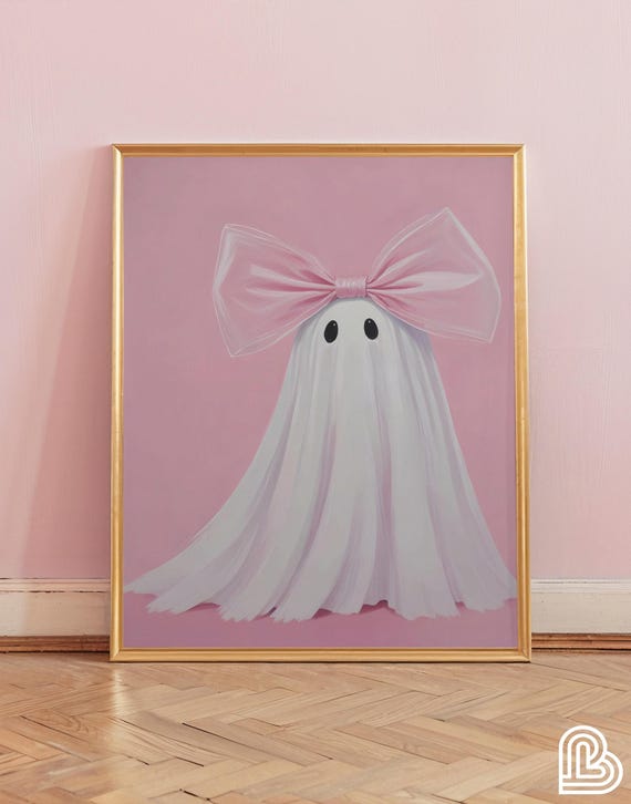 Halloween Wall Art, Pink Bow Ghost Print, Preppy Halloween Decor, Cute Ghost Poster, Digital Download