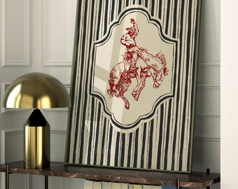 Western Cowboy Wall Art – Vintage Rodeo Illustration with Striped  – Minimal Western Poster (Digital Download)